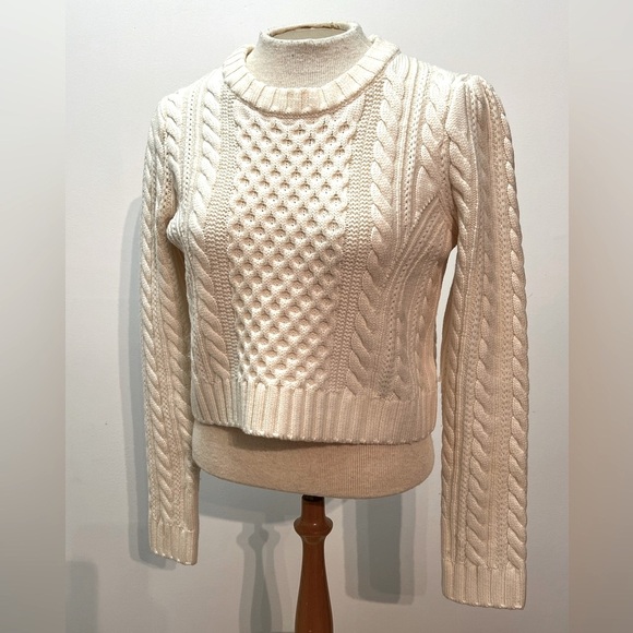 Milly Sweaters - Milly | Cream 100% Wool Cable Knit Cropped Fisherman Sweater - Size L